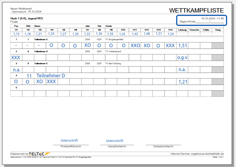 Beispiel Wettkampfliste